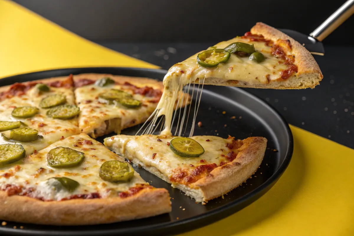 A slice of pizza topped with sliced green peppers and melted mozzarella cheese is being lifted from the rest of the pie.