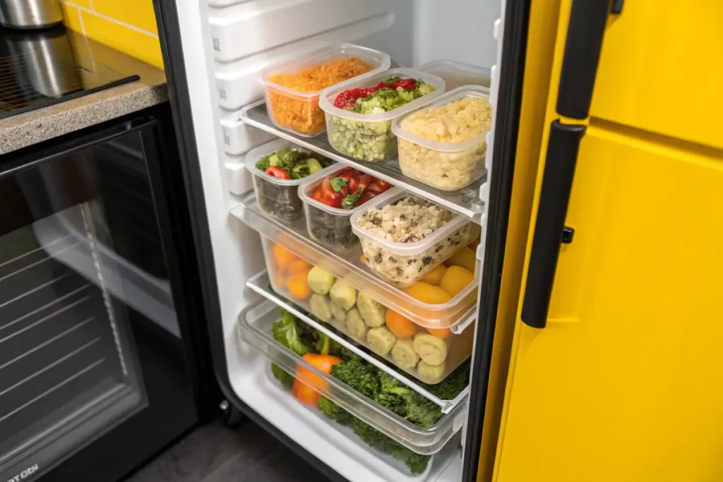 The open door of a yellow refrigerator reveals clear containers of fresh fruits, vegetables, and prepped meals.