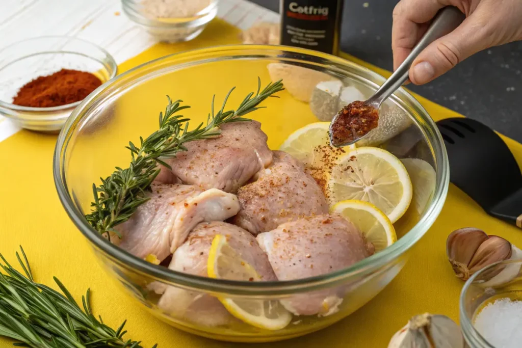 Raw chicken thighs are seasoned and prepared in a glass bowl with lemon slices and rosemary sprigs.