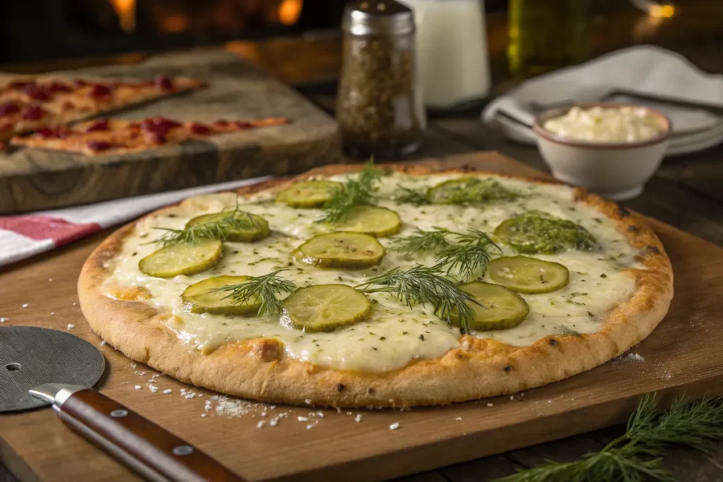 A dill  pizza topped with fresh dill sits on a wooden pizza board.