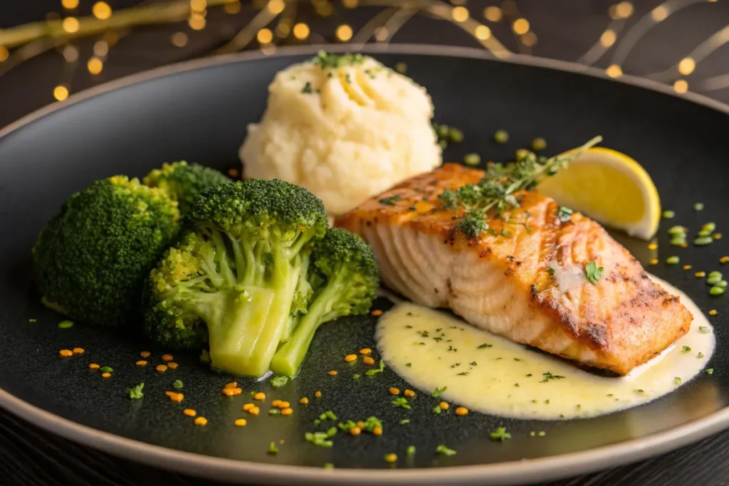 A plated meal of grilled salmon, broccoli, mashed potatoes, and a lemon wedge.
