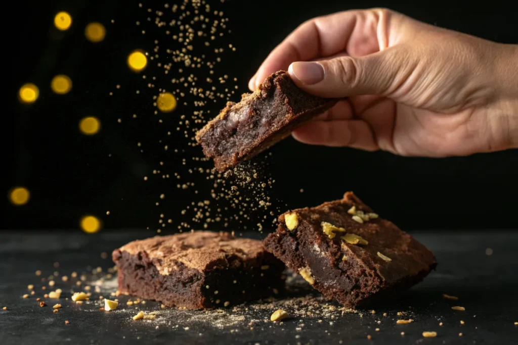 A hand holds a chewy brownie over two more, with crumbs and blurred golden lights in the background.