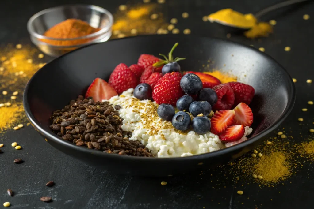 A black bowl contains cottage cheese, berries, and roasted lentils, topped with spices.