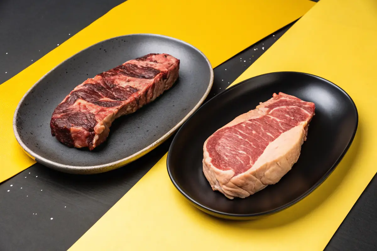 Two raw steaks, one darker and one lighter, are displayed on separate black plates against a black and yellow background.