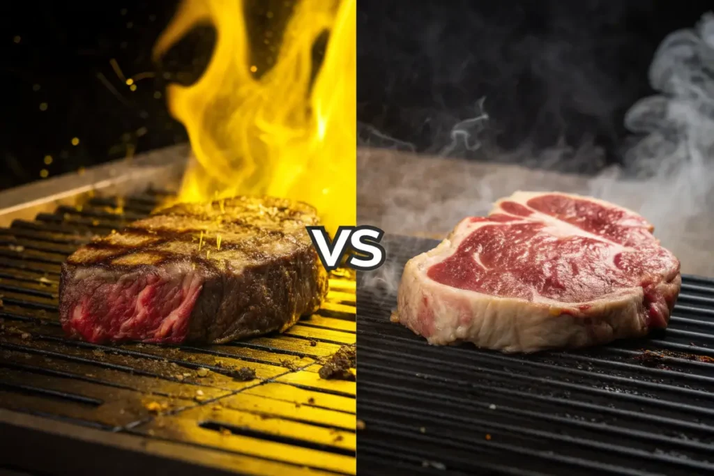 Two steaks are shown, one grilled and one raw, on black grill grates.