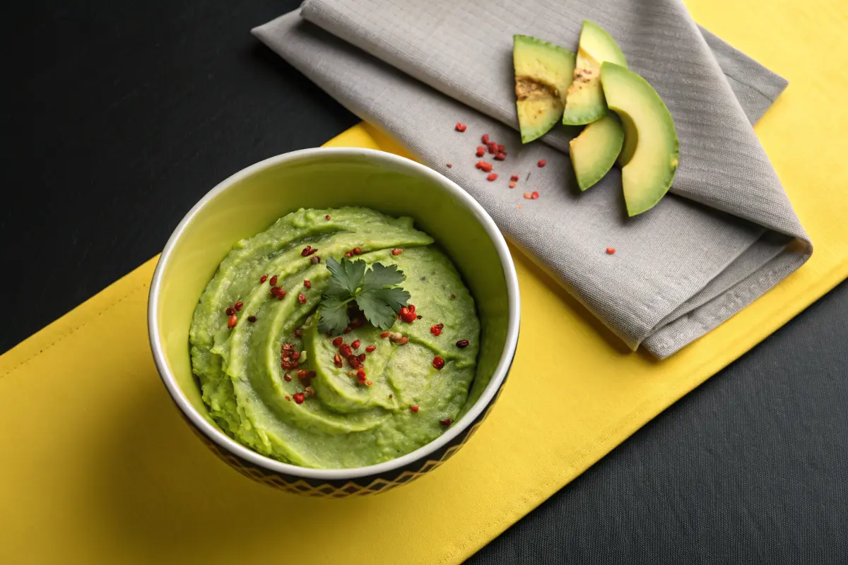 A bowl of vibrant green guacamole topped with red pepper flakes and a sprig of cilantro sits on a yellow placemat.