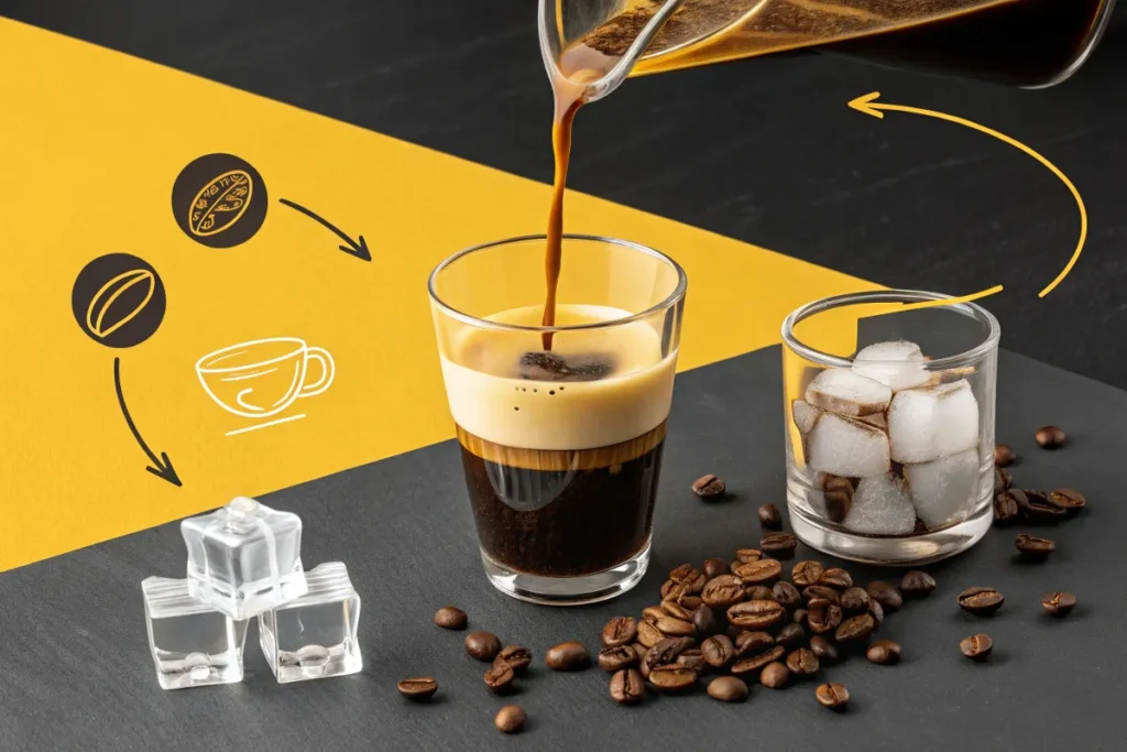 Coffee is poured into a glass next to ice cubes and coffee beans.