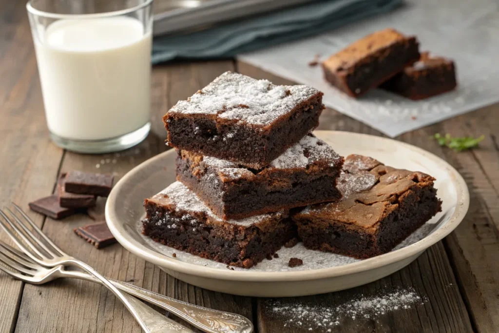 A stack of fudgy brownies dusted with powdered sugar sits on a plate.