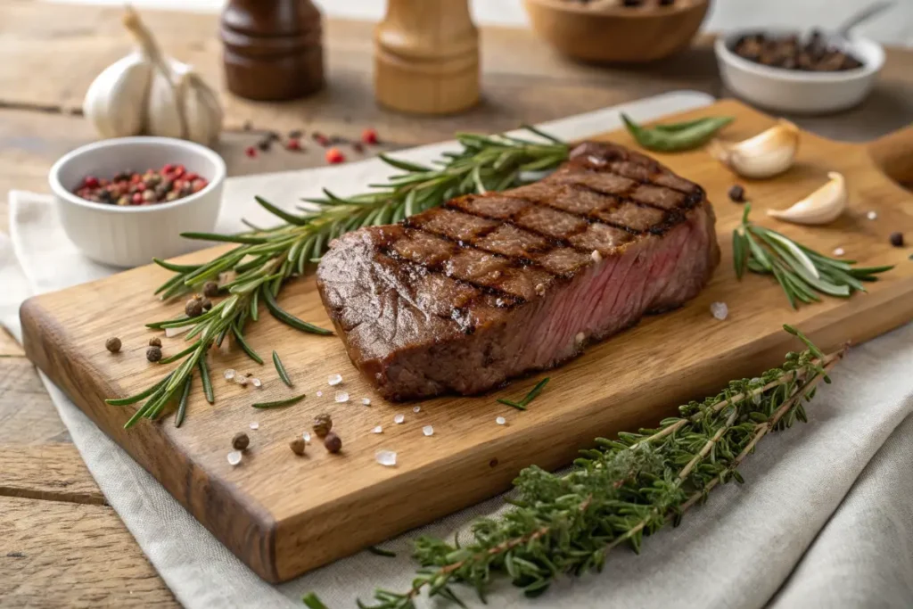 Grilled steak on a wooden cutting board, garnished with rosemary and spices.