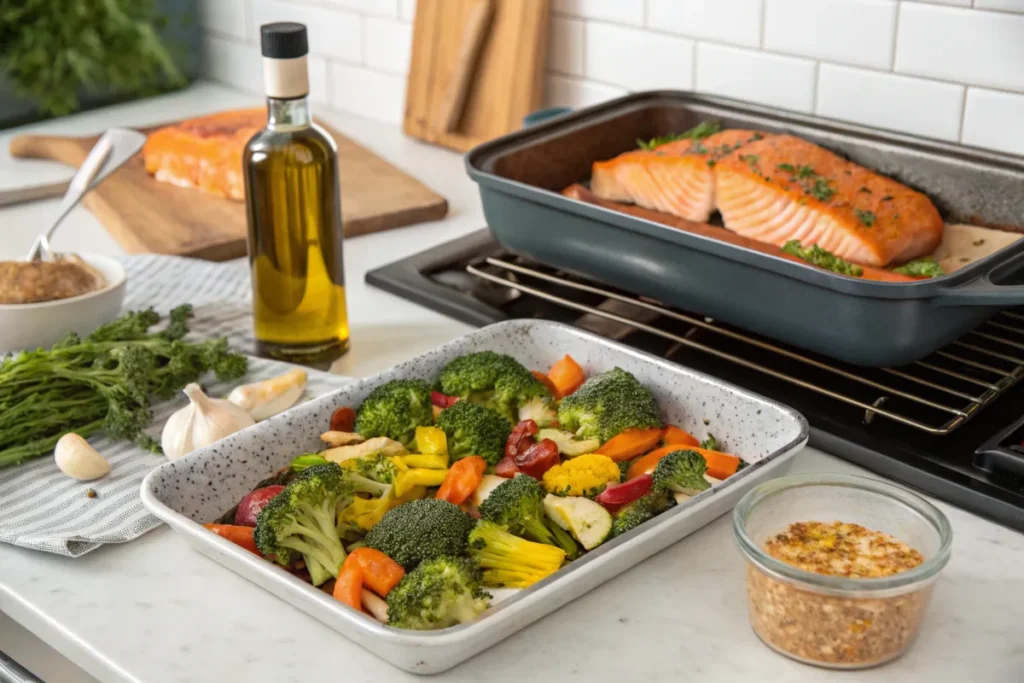 cooking  superfoods Inflammation : Roasted salmon and vegetables are prepared on a kitchen counter.