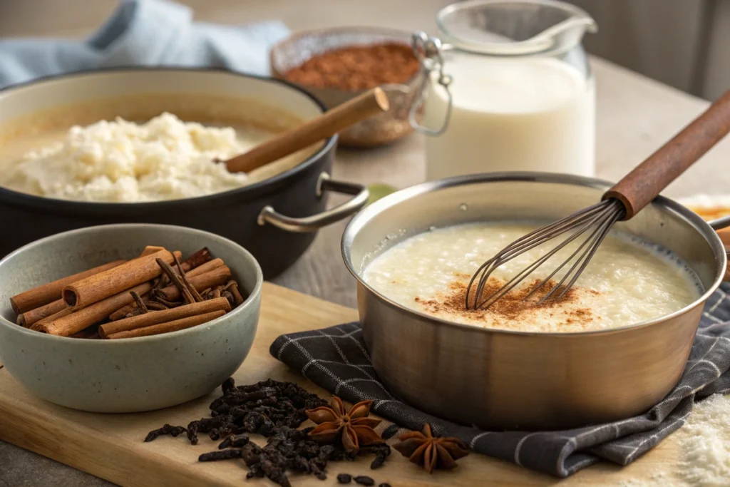 Cooking process for a creamy dessert, with ingredients like milk, spices, and vanilla bean visible.