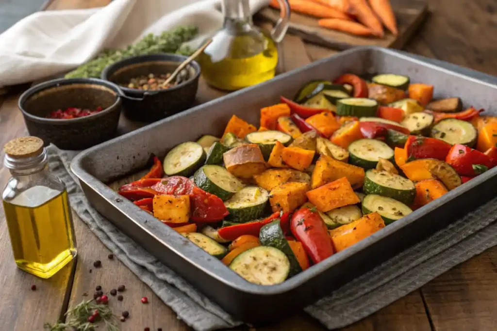 Roasted vegetables on a baking tray with olive oil and seasonings