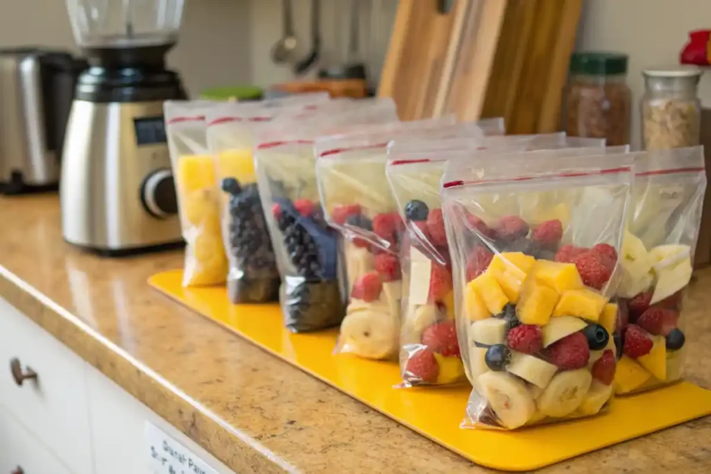 Smoothie packs with fresh fruits like berries and mangoes for freezing