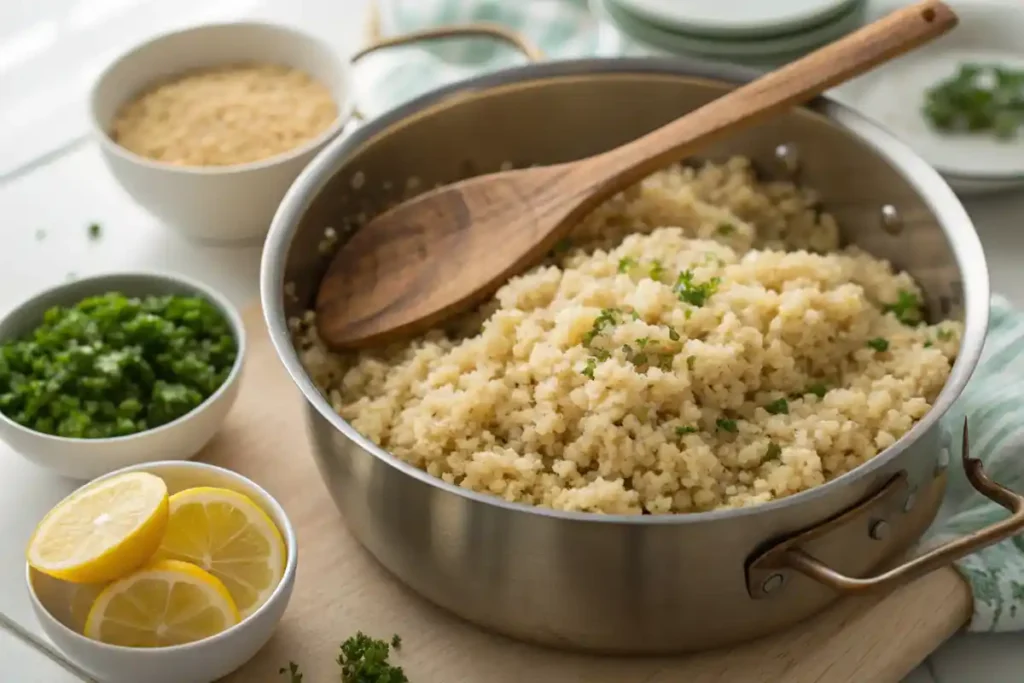 Freshly cooked quinoa in a pot with chopped herbs and lemon wedges