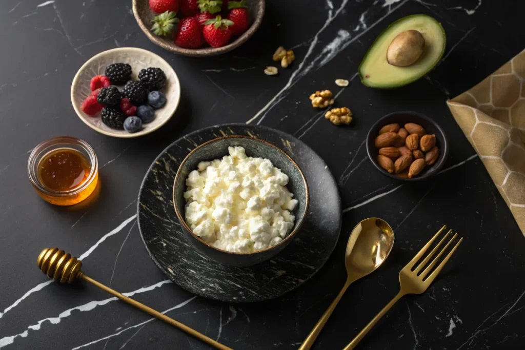 A bowl of cottage cheese sits on a black marble table surrounded by fresh fruit, nuts, honey, and gold cutlery.