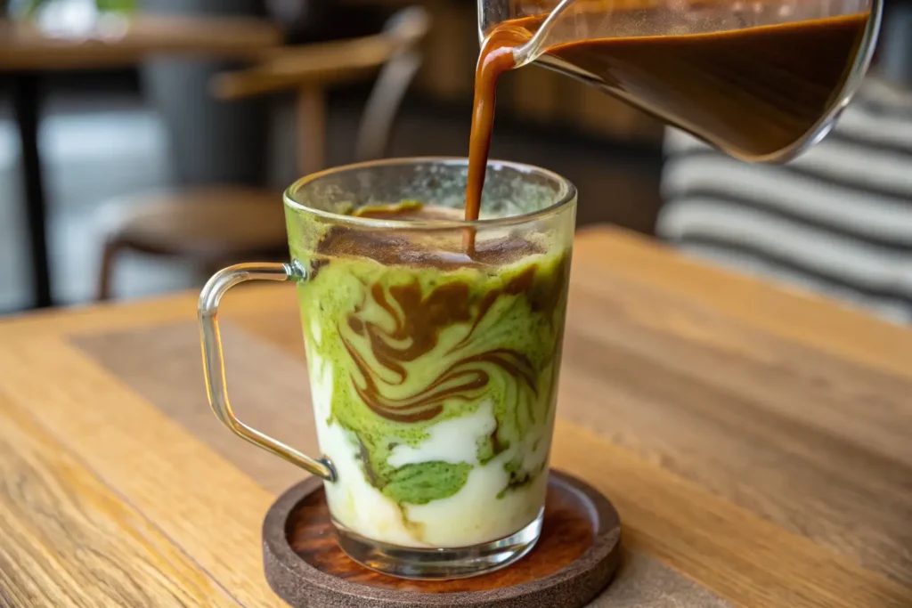 Dark coffee being poured into a glass mug containing swirled  and milk.