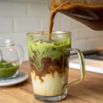 Coffee is being poured into a glass mug containing a matcha latte.