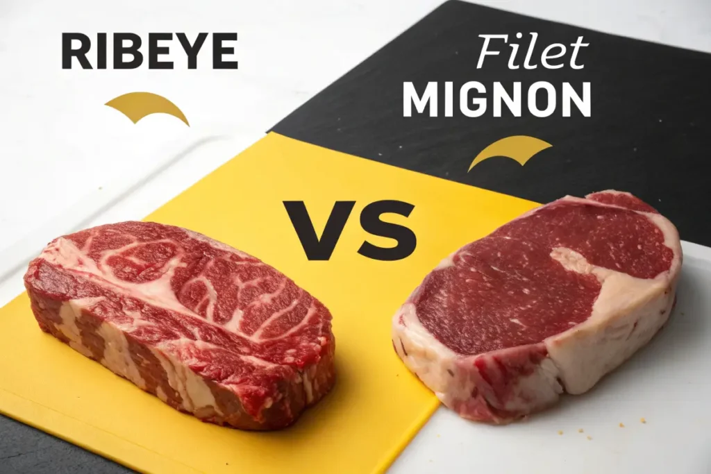 Two cuts of beef steak, ribeye and filet mignon, are displayed side by side on a yellow and black cutting board.