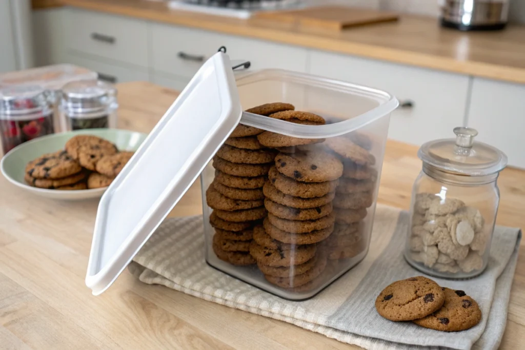 A storage container holding freshly baked cookies, perfect for keeping them chewy and fresh.