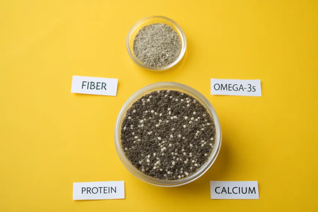 Two glass bowls containing chia and white seeds sit on a yellow surface with labels indicating fiber, protein, omega-3s, and calcium.