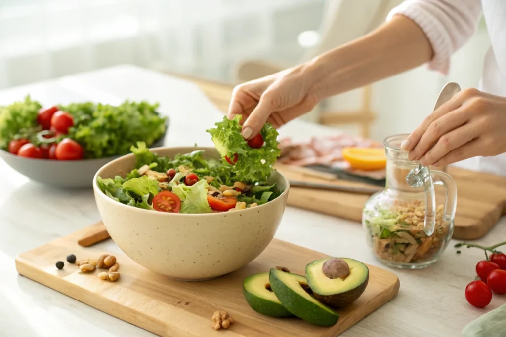 A woman adds lettuce to a bowl of salad with tomatoes, nuts, and other fresh ingredients.