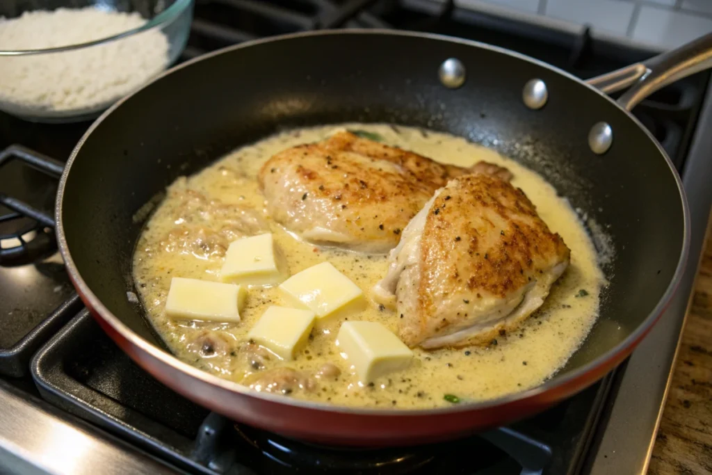 Two seared chicken breasts are cooking in a creamy sauce with melting cheese.