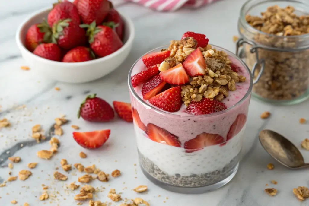 health and chia pudding: A glass layered with chia pudding, yogurt, strawberry puree, fresh strawberries and granola sits on a marble countertop.