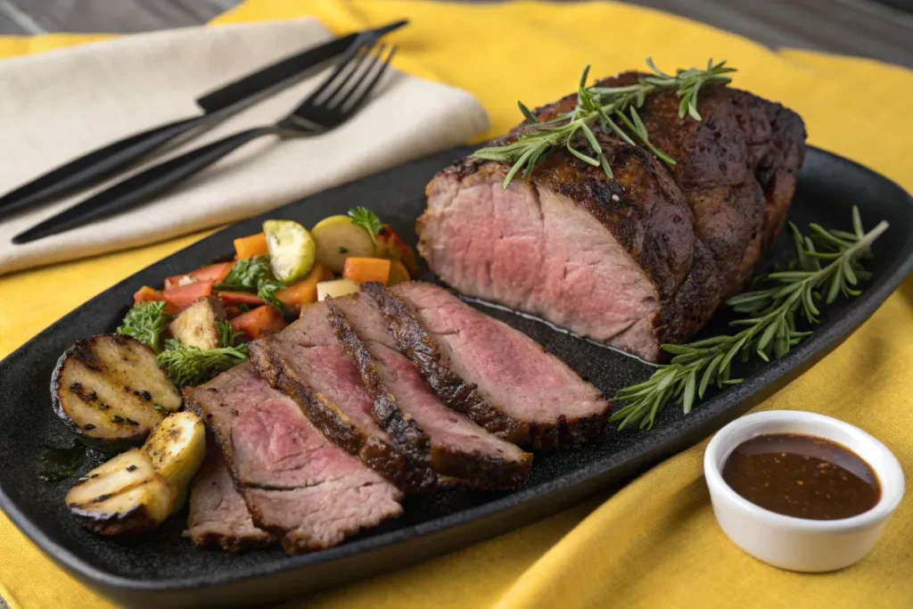 Sliced roast beef served on a platter with roasted vegetables and dipping sauce.