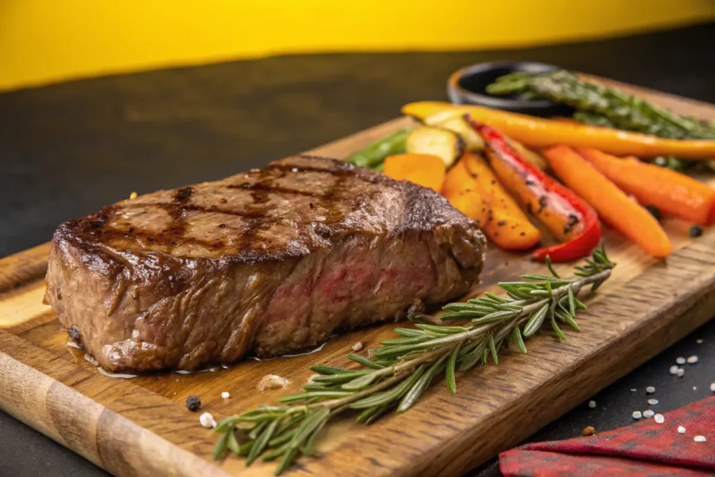 A perfectly cooked Denver steak on a wooden cutting board surrounded by roasted vegetables, with a bold yellow-to-black gradient background.