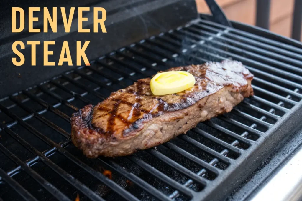 perfectly seared Denver steak resting on a cutting board, surrounded by roasted vegetables with a yellow-to-black gradient background