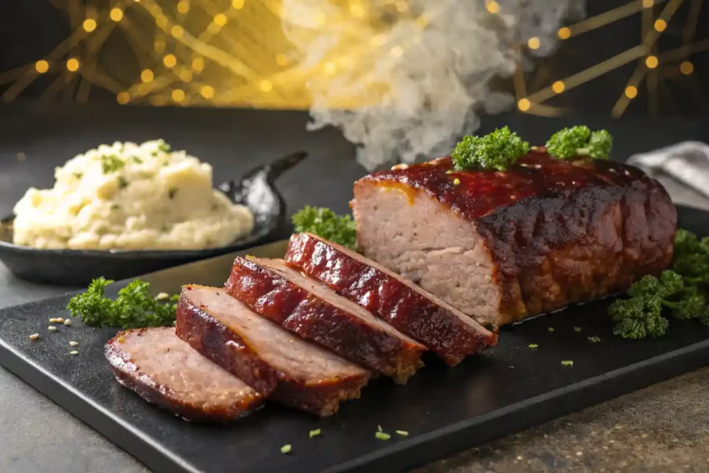 A whole meatloaf glazed with barbecue sauce, resting on a rustic wooden table with parsley garnish.