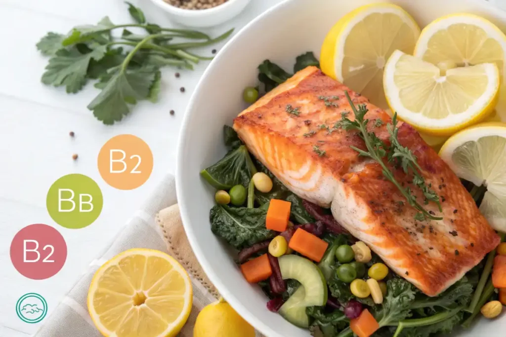 Infographic showing the health benefits of rockfish, including high protein and B2 content.