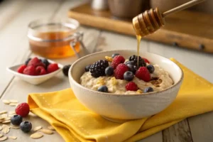 chia seed pudding : A bowl of oatmeal topped with fresh berries and a drizzle of honey.