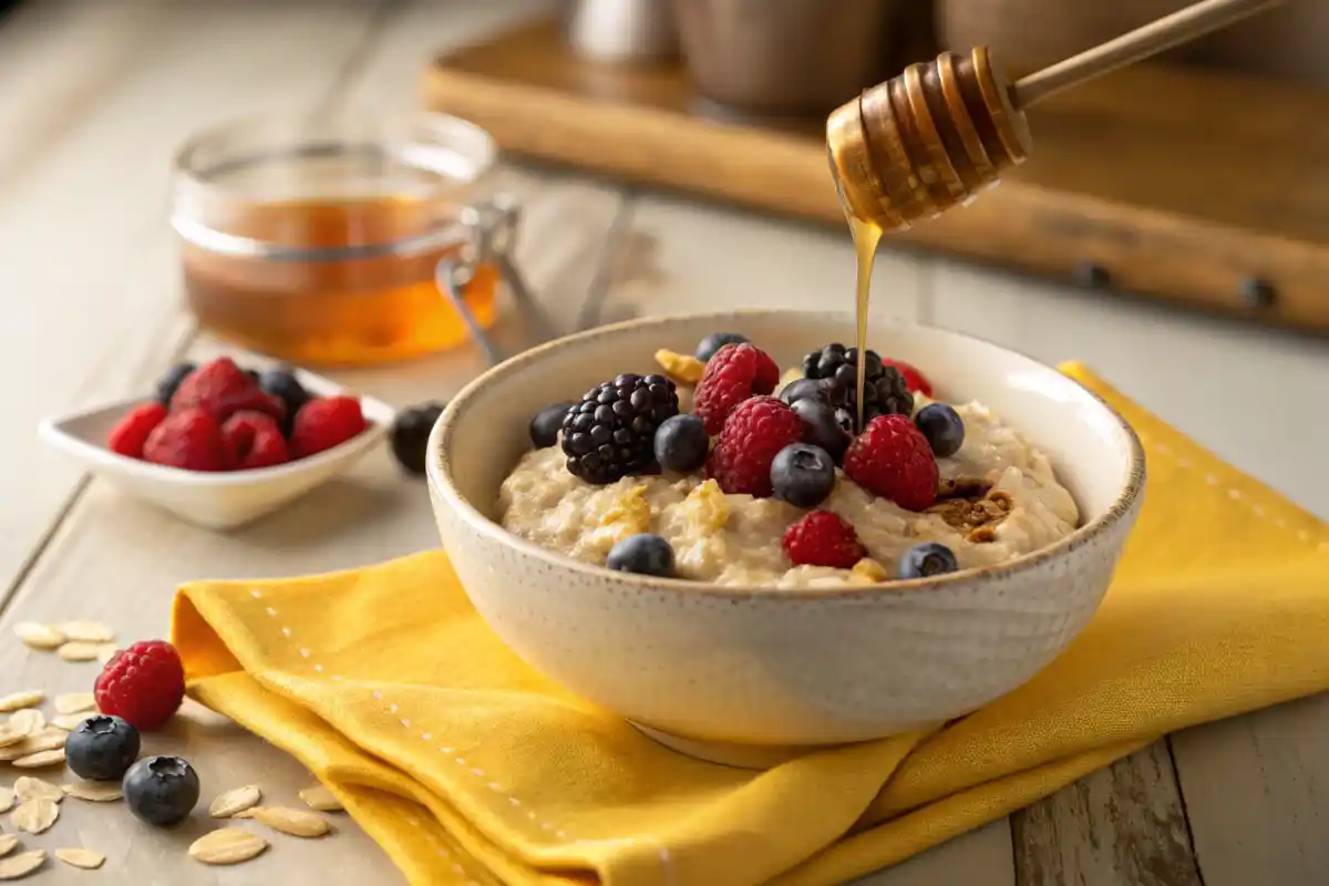 chia seed pudding : A bowl of oatmeal topped with fresh berries and a drizzle of honey.
