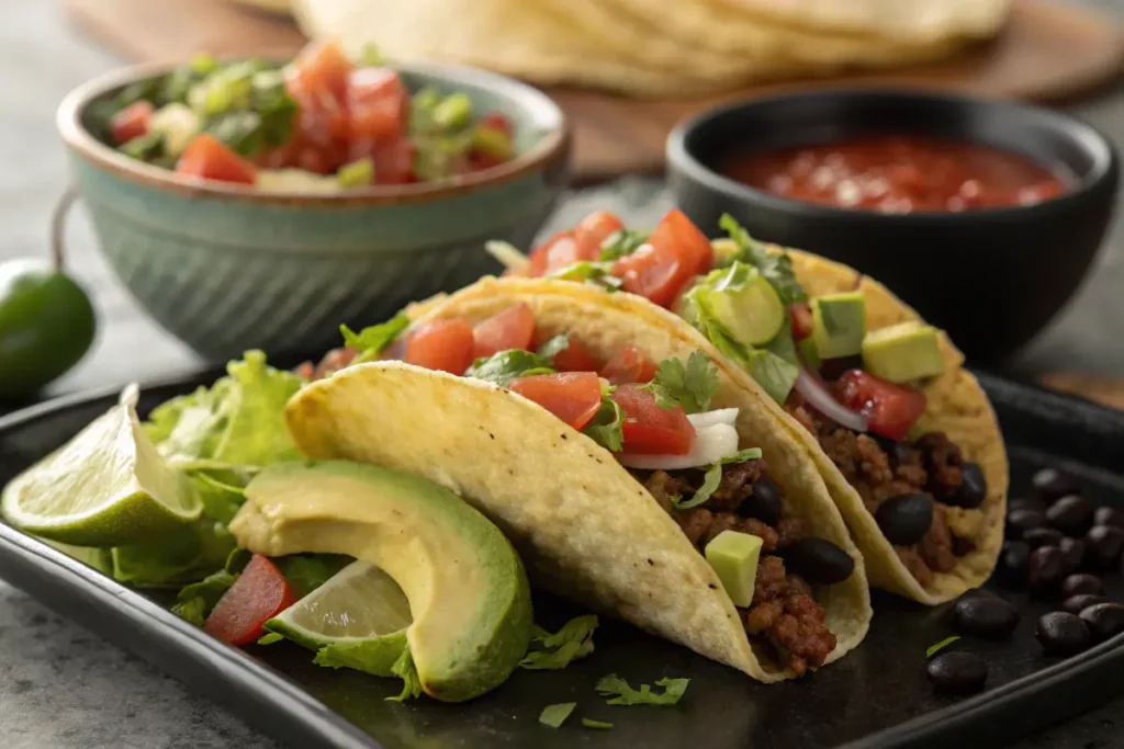 Two ground beef tacos topped with tomatoes, cilantro, onions and avocado are served on a black plate with lime wedges and black beans.