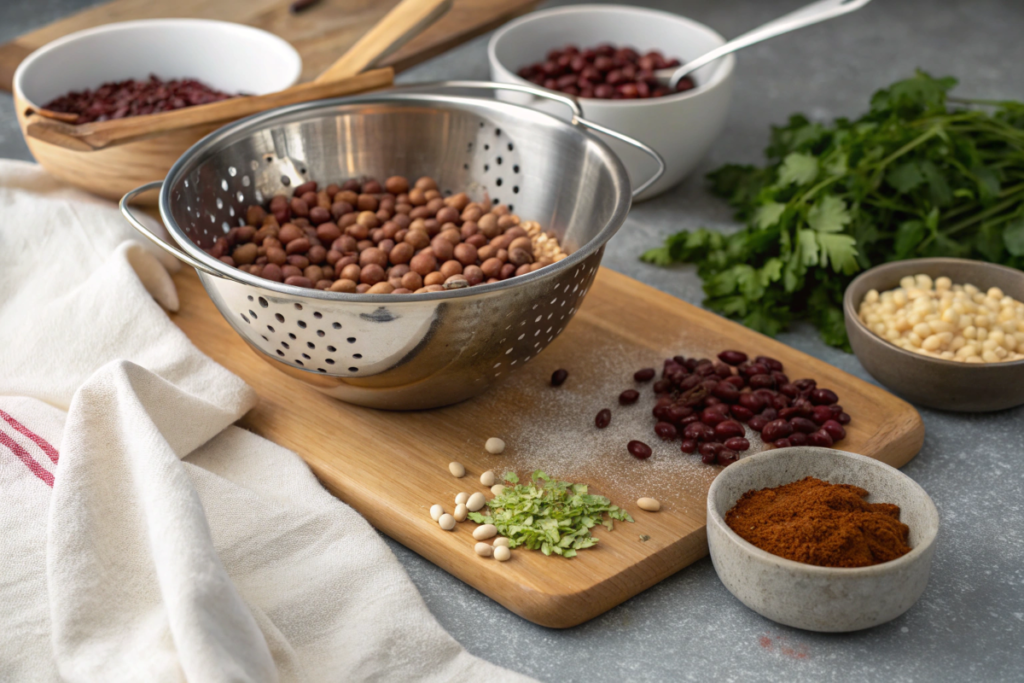 Various beans, herbs, and spices are displayed on a table, ready for cooking.
