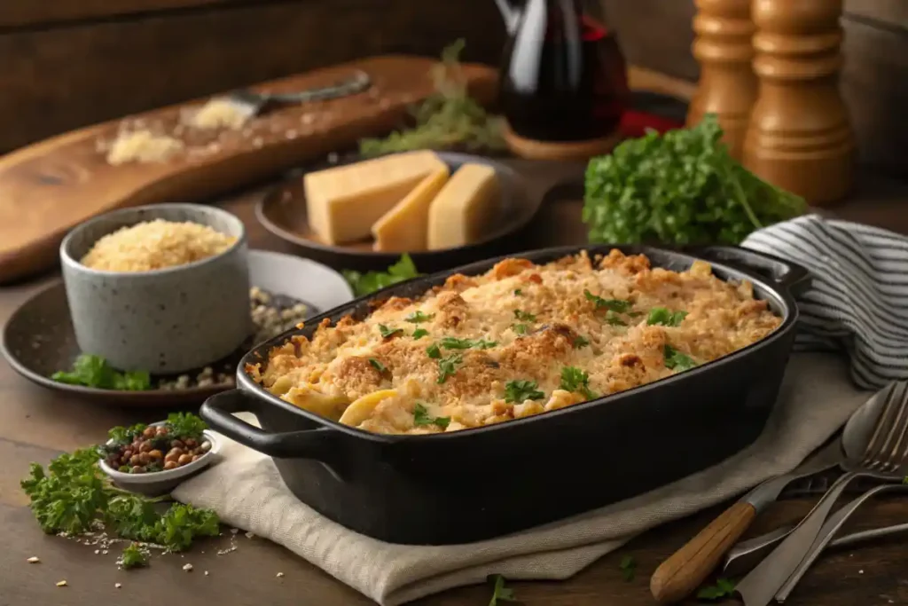 Luxurious casserole with golden breadcrumb topping against a black and yellow background.