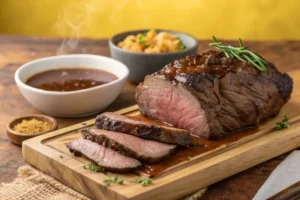 Sliced roast beef on a cutting board with au jus and side dishes.