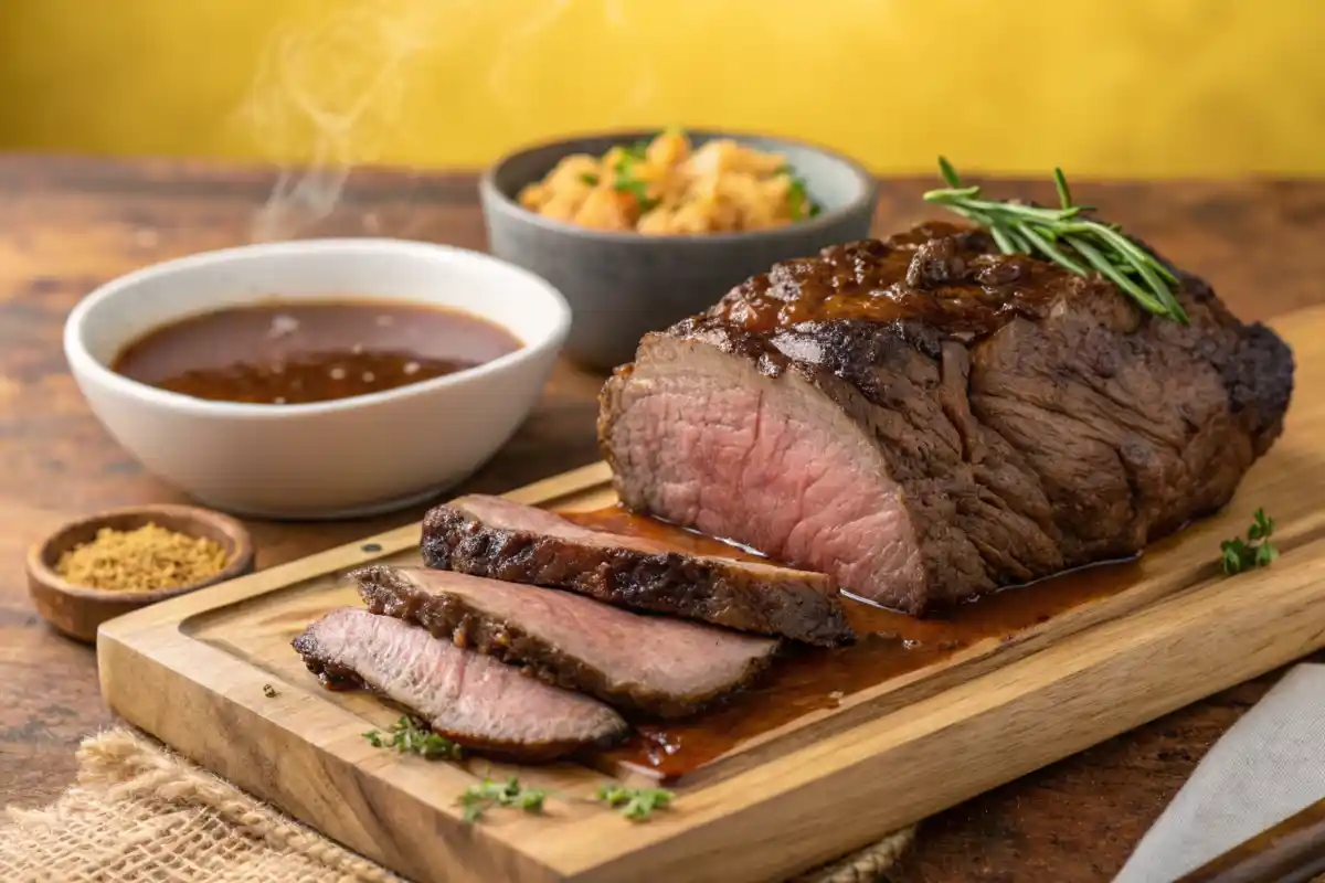 Sliced roast beef on a cutting board with au jus and side dishes.