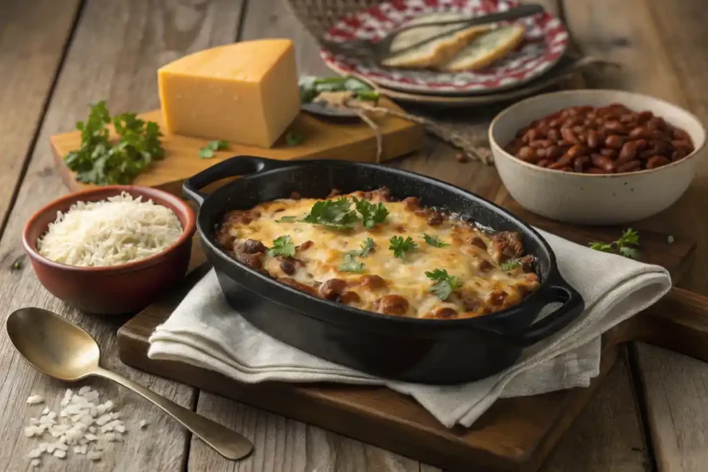 Golden-topped casserole served in a black dish with an elegant gradient background
