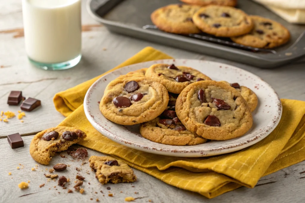 Serve warm chocolate chip cookies with a glass of milk for a classic treat.