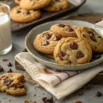 A plate of chocolate chip cookies sits on a linen napkin with a glass of milk beside it.