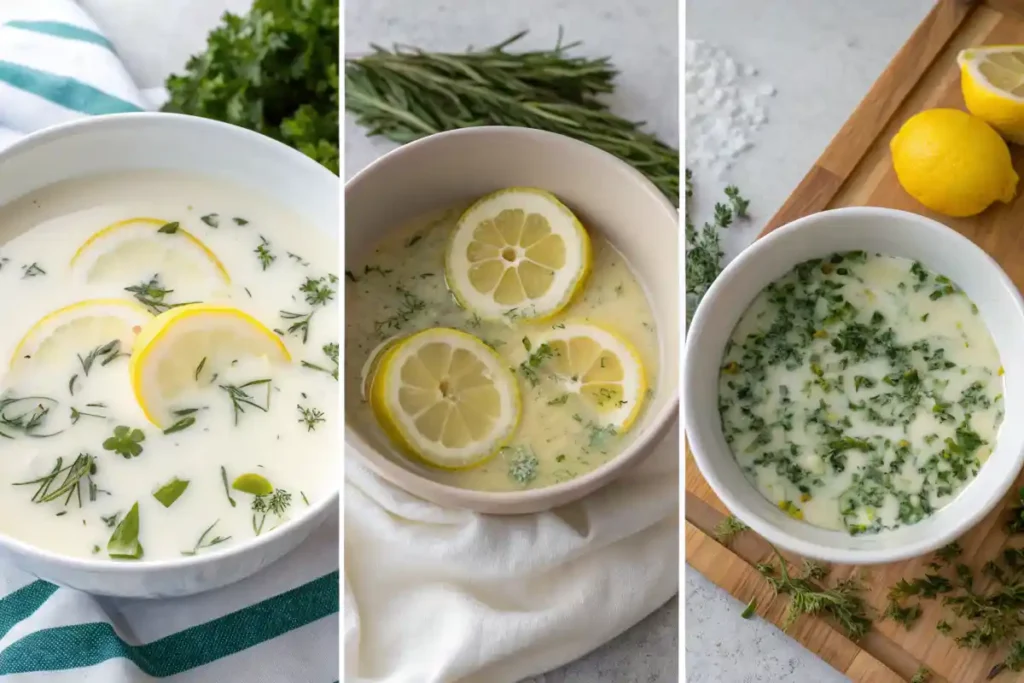 Should I Soak Rockfish Before Cooking? : Three soaking methods for rockfish: milk, saltwater, and lemon-herb marinade in clear bowls.