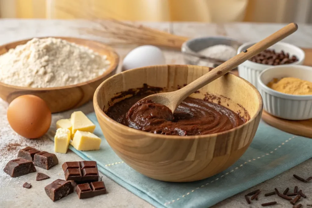 A wooden bowl filled with chocolate batter sits on a table surrounded by baking ingredients.