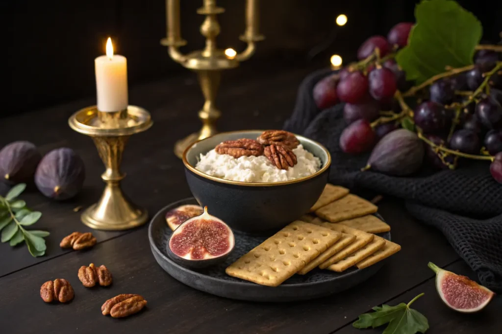 A bowl of ricotta cheese topped with pecans sits on a dark wooden table next to crackers and figs.