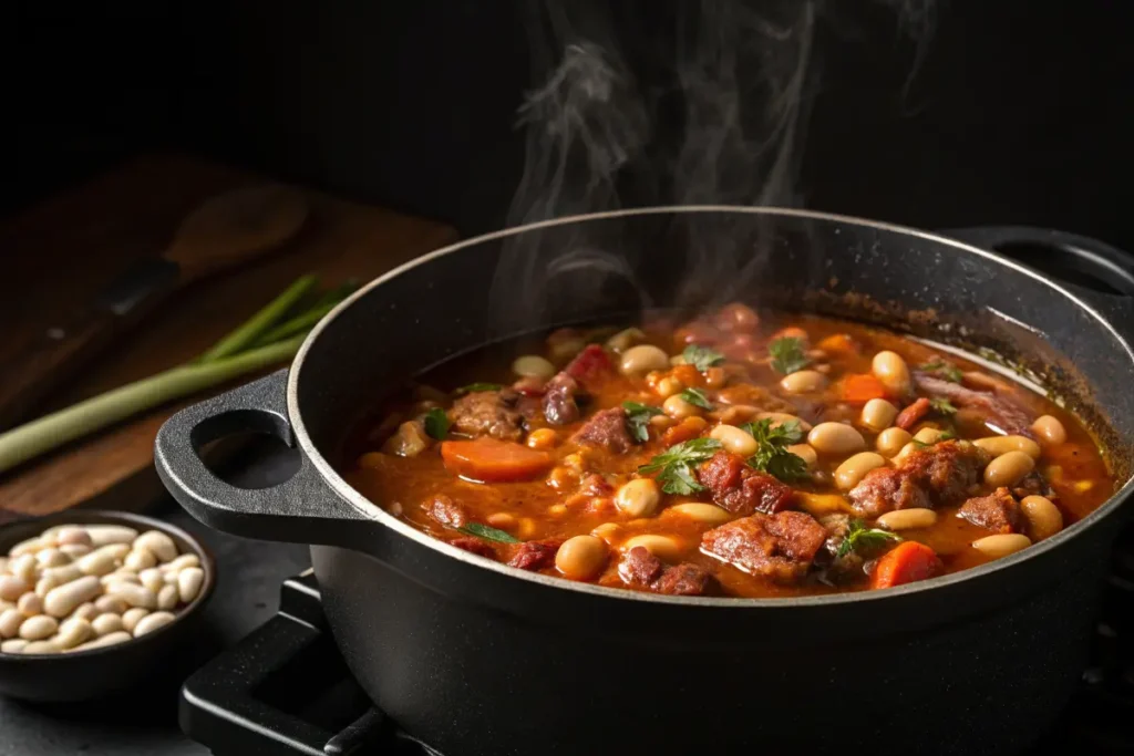 A steaming pot of bean stew simmers on a stovetop.