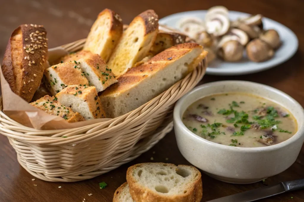 A basket of assorted bread sits next to a bowl of creamy soup and a plate of sliced mushrooms.