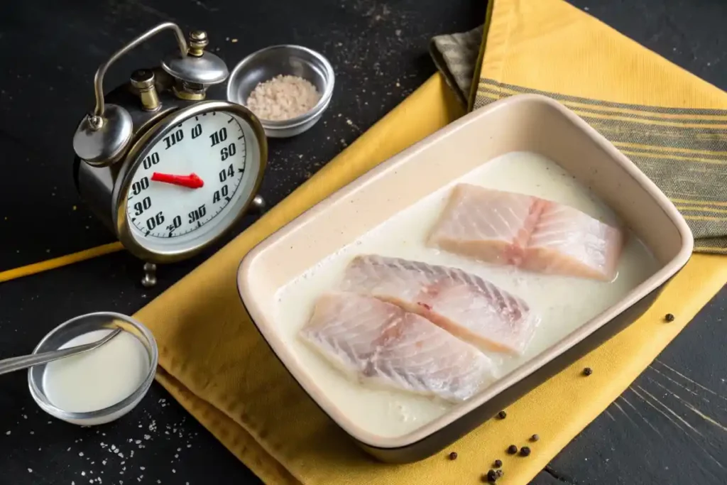 iShould I Soak Rockfish Before Cooking?  timer next to rockfish fillets soaking in milk on a rustic kitchen counter.Rockfish fillet soaking in