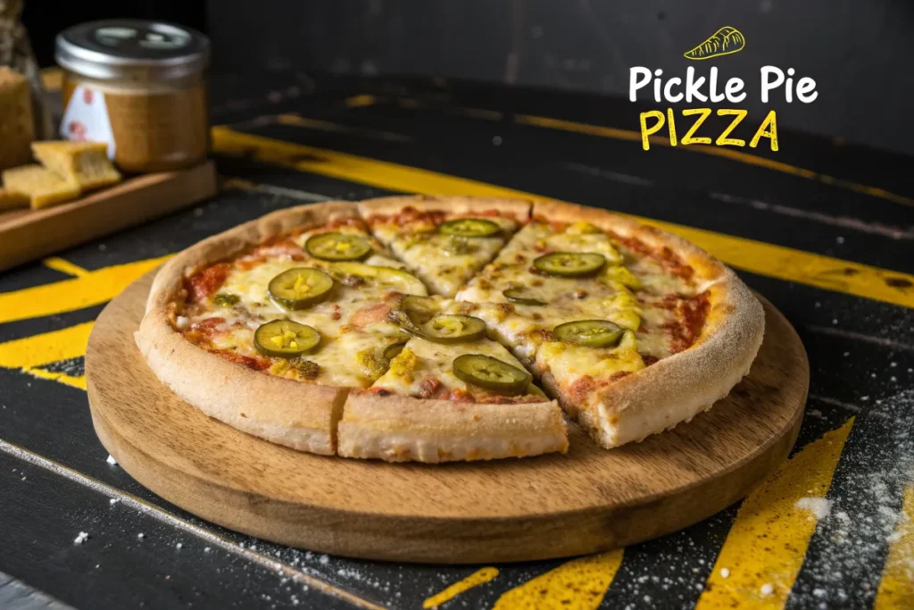 A sliced pickle pizza on a wooden pizza board sits on a black and yellow hazard-striped table.