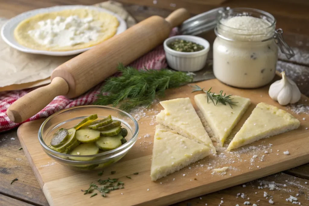 Slices of Langos, a Hungarian flatbread, are arranged on a wooden cutting board